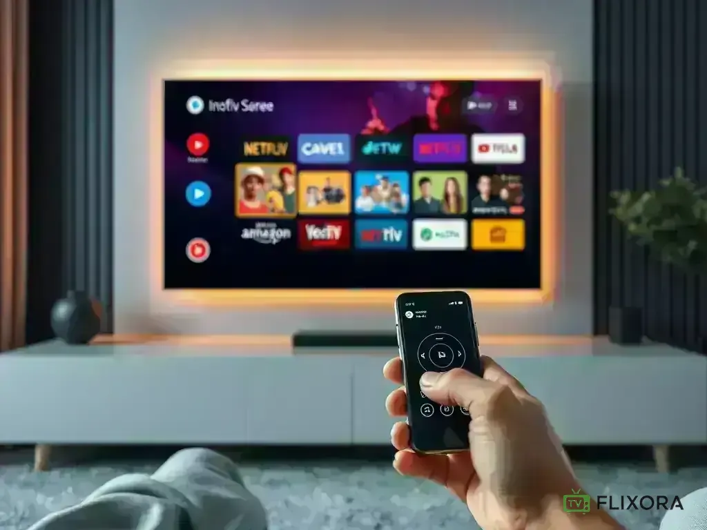 Android TV remote control and smartphone controlling TV screen