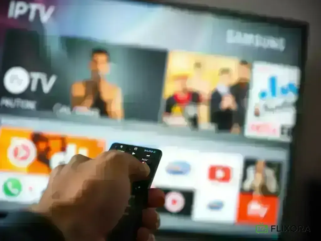 Smart TV IPTV Setup - Remote control pointing to IPTV app on Samsung TV screen